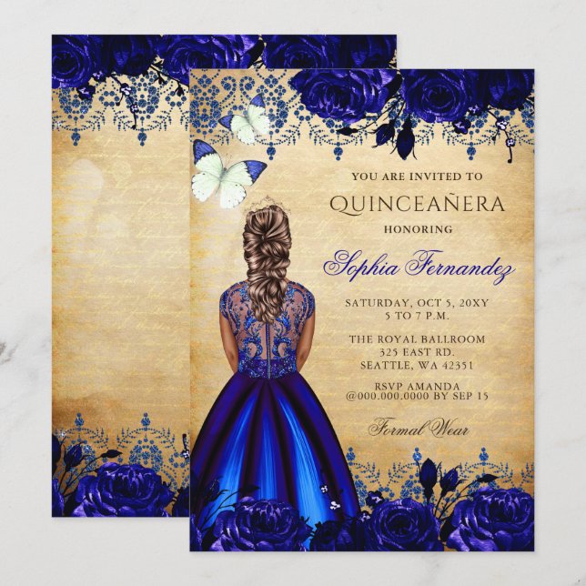 Princess Royal Blue Butterfly Quinceañera Einladung (Vorne/Hinten)