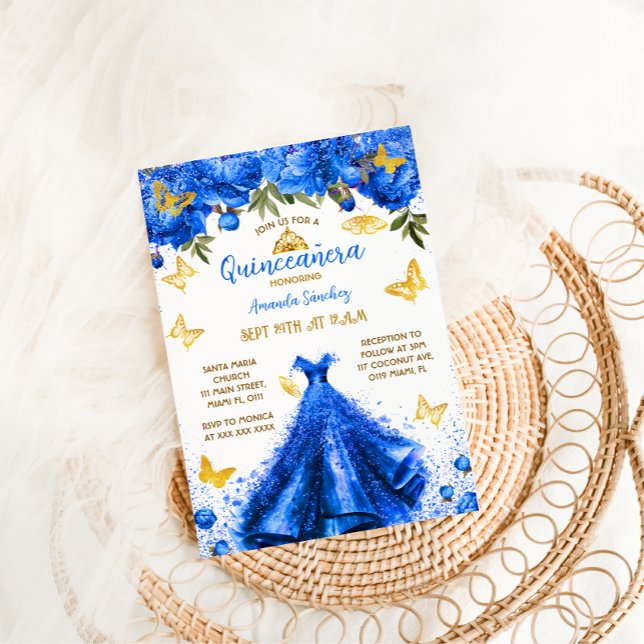 Princess Royal Blue Quinceanera Floral Butterfly Einladung (Von Creator hochgeladen)