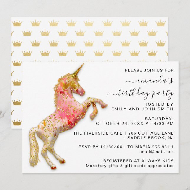 Princess Royal Crown Gold Glitzer Rosa Einhorn Einladung (Vorne/Hinten)