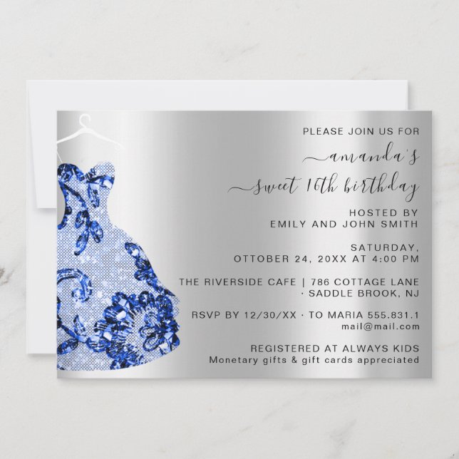 Princess Royal Dress Sweet 16. Blue Navy Princess Einladung (Vorderseite)