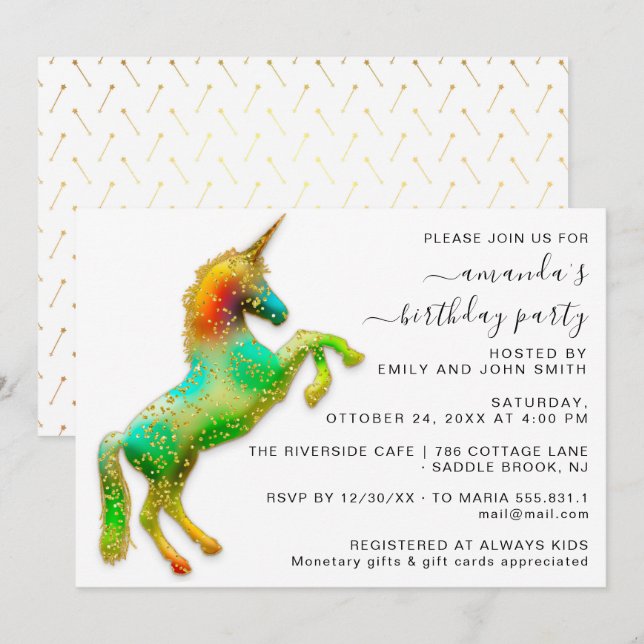Princess Royal Gold Glitzer Birthday Magic Unicorn Einladung (Vorne/Hinten)
