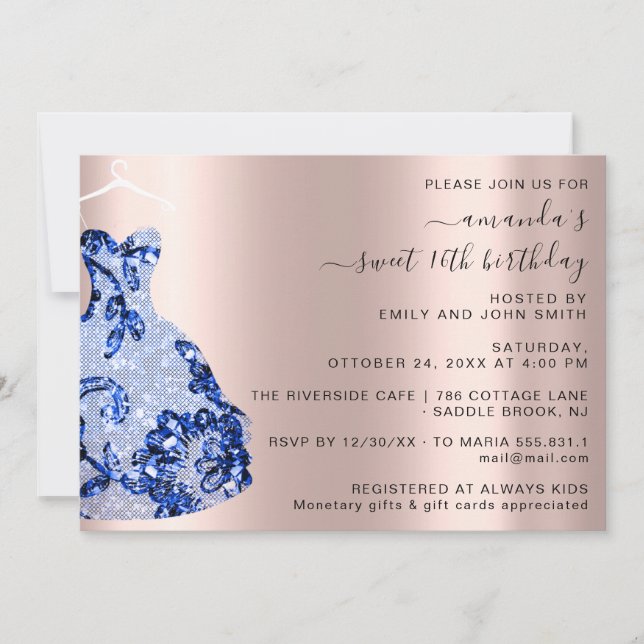Princess Royal Rose Dress Sweet 16. Blue Navy Einladung (Vorderseite)