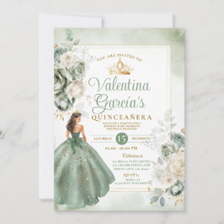 Princess Sage Green Quinceañera 15 Anos Gold Crown Einladung