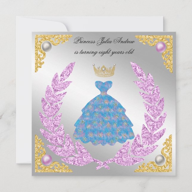 Princess Silver & Gold White Pearls Crown Geburtst Einladung (Vorderseite)