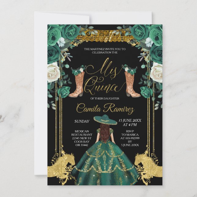 Princess Smarald Green & Gold Charra Mis Quince Einladung (Vorderseite)