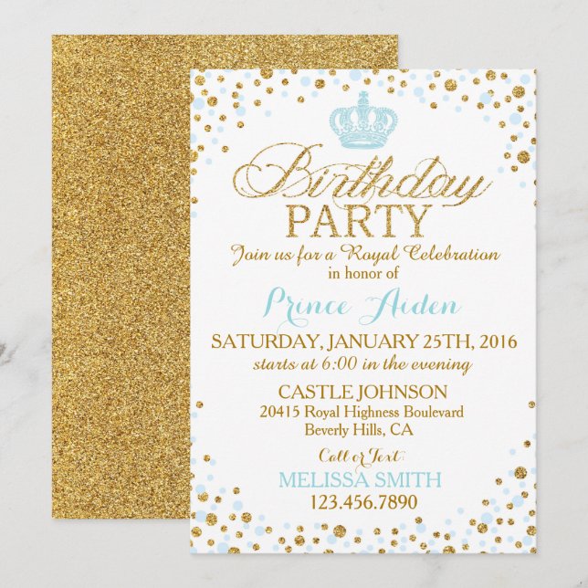 Princess Sparkle Blue und Gold Glitzer Geburtstag Einladung (Vorne/Hinten)