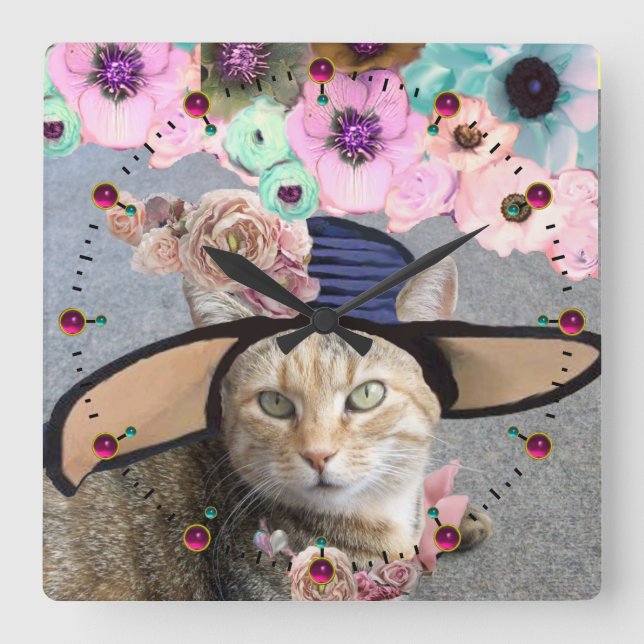 PRINCESS-STATUS/ELEGANTE KATZE,GROSSE DIVA-HAT UND QUADRATISCHE WANDUHR (Vorderseite)