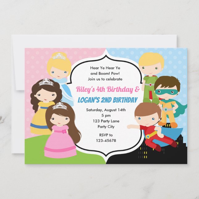 Princess Superhero Birthday Einladung Twins Joint (Vorderseite)