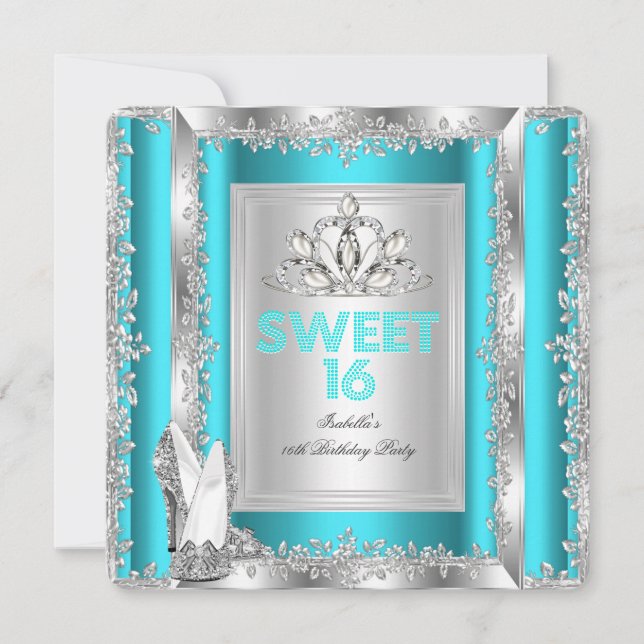 Princess Sweet 16 Aquamarin Blue Aqua Silberschuhe Einladung (Vorderseite)