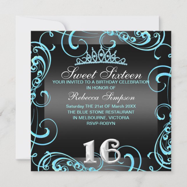Princess Sweet 16 Blue & Black Birthday Einladung (Vorderseite)