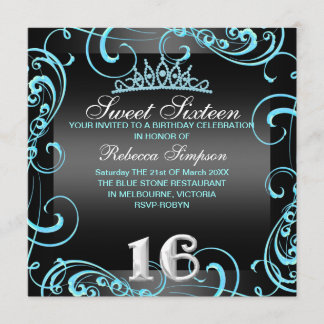 Princess Sweet 16 Blue & Black Birthday Einladung