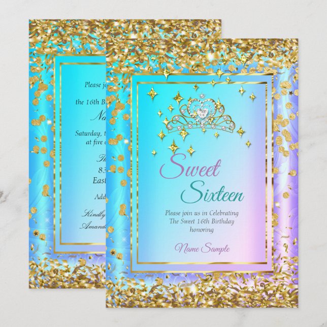 Princess Sweet 16 Gold Aquamarines Lila Party Einladung (Vorne/Hinten)