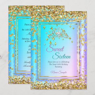 Princess Sweet 16 Gold Aquamarines Lila Party Einladung