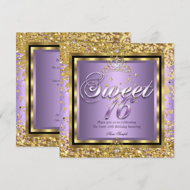 Princess Sweet 16 Gold Lilac Lila Party Einladung (Vorne/Hinten)