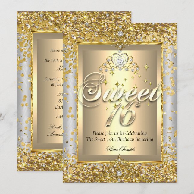 Princess Sweet 16 Gold Silver Gray Party Einladung (Vorne/Hinten)