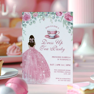 Princess Tea Party Pink Faux Sparkle Dress Up Einladung