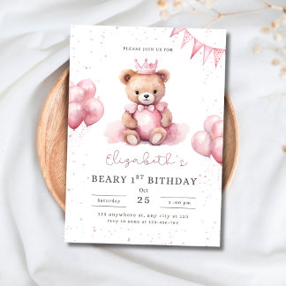 Princess Teddy Bear Beary 1st Birthday Pink Girls Einladung
