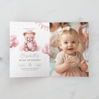 Princess Teddy Bear Beary 1st Birthday Pink Girls Einladung