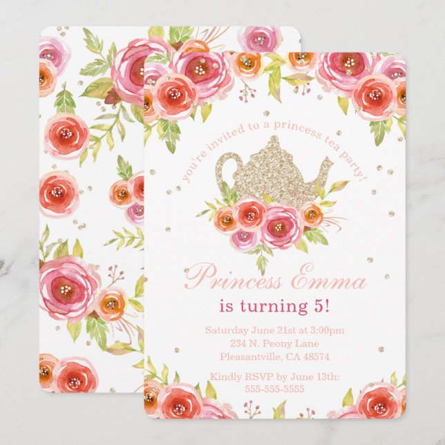 Princess Tee Party Birthday Floral Glitzer Einladung (Vorne/Hinten)