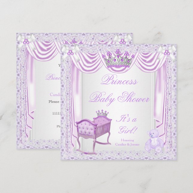 Princess Tiara Baby Dusche Lilac Cradle Satin Spit Einladung (Vorne/Hinten)