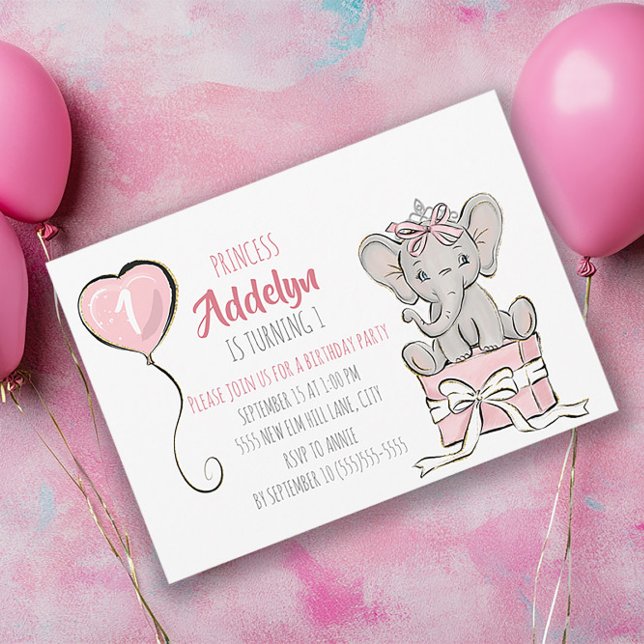 Princess Tiara Elephant Pink Balloon 1. Geburtstag Einladung (Baby elephant little girl's 1st birthday party invitation formatted horizontally)