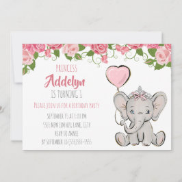 Princess Tiara Elephant Pink Floral 1. Geburtstag Einladung