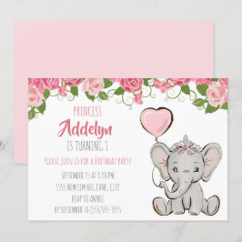 Princess Tiara Elephant Pink Floral 1. Geburtstag Einladung