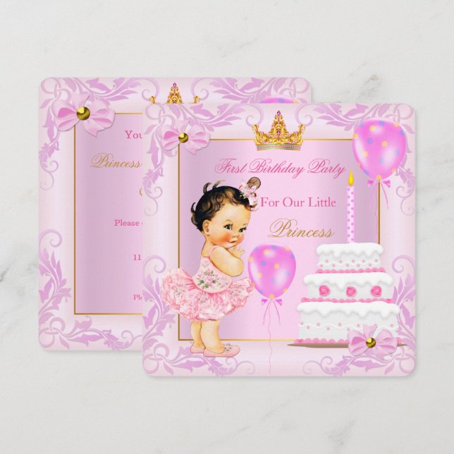 Princess Tiara Girl Pink Brünett Einladung (Vorne/Hinten)