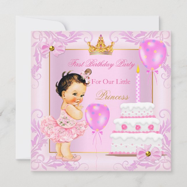 Princess Tiara Girl Pink Brünett Einladung (Vorderseite)