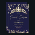 Princess Tiara Gold Glitzer Marine Foto Sweet 16 Einladung<br><div class="desc">Chic Prinzessin Tiara Kronherz geformten goldenen Glitzer Glitzern und marineblau Foto Sweet 16 Geburtstagsparty ,  mit einer schicken Skriptkalligraphie . Fügen Sie Ihr Foto hinten hinzu. Kontaktieren Sie mich,  um den Haupt-Schriftart zu wechseln.</div>