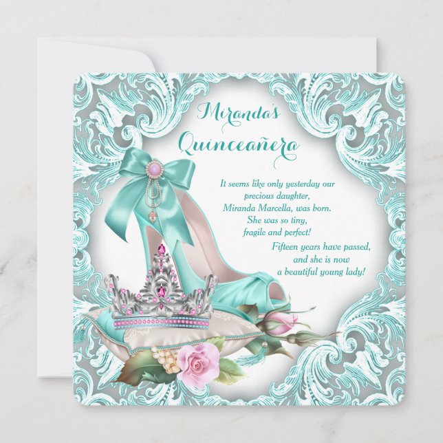 Princess Tiara High Heel Shoe Quinceanera Einladung (Vorderseite)