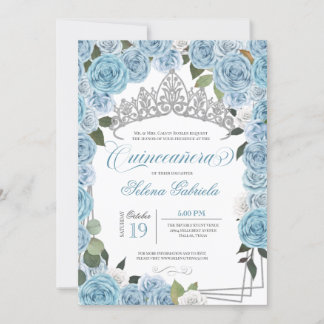 Princess Tiara Light Blue Rose V2 Quinceanera Einladung