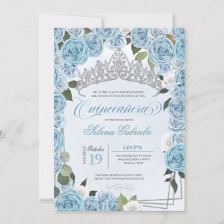 Princess Tiara Light Blue & White Rose Quinceanera Einladung