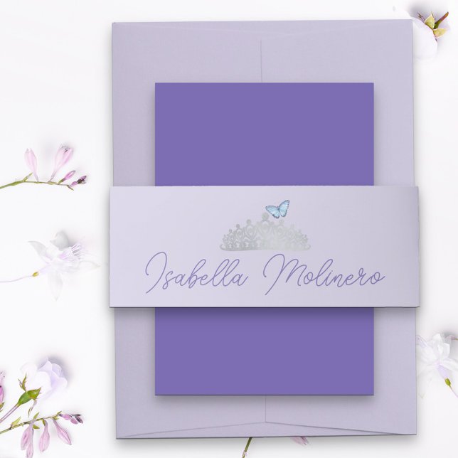 Princess Tiara Light Lila und silber Einladungsbanderole (Light purple belly band with dark purple handwritten script)