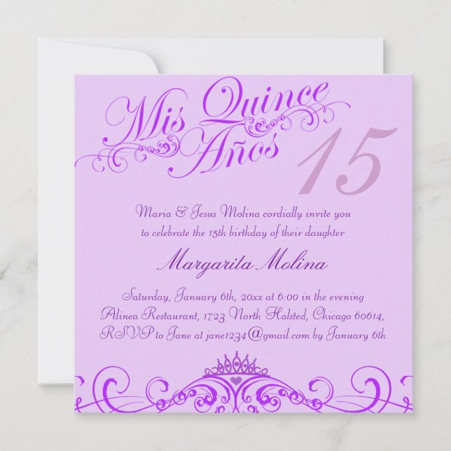 Princess Tiara Lila Quinceanera Einladung (Vorderseite)