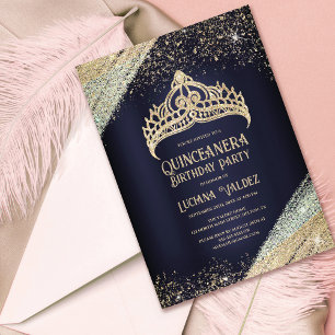 Princess Tiara Quinceañera, Glitzer von Blue Gold Einladung