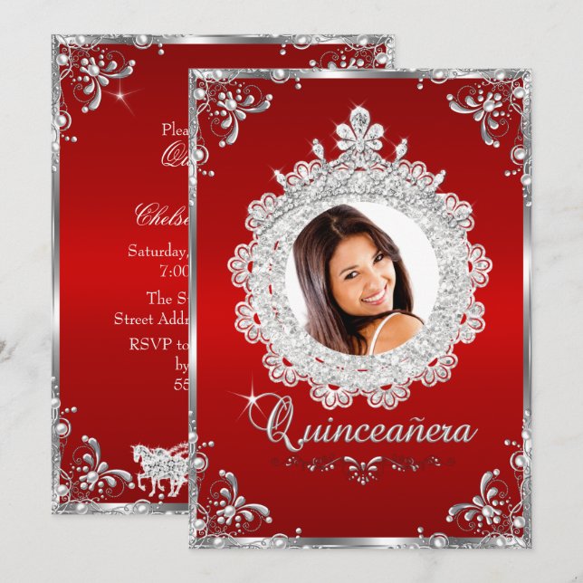 Princess Tiara Red Silver Sparkle Quinceanera Einladung (Vorne/Hinten)