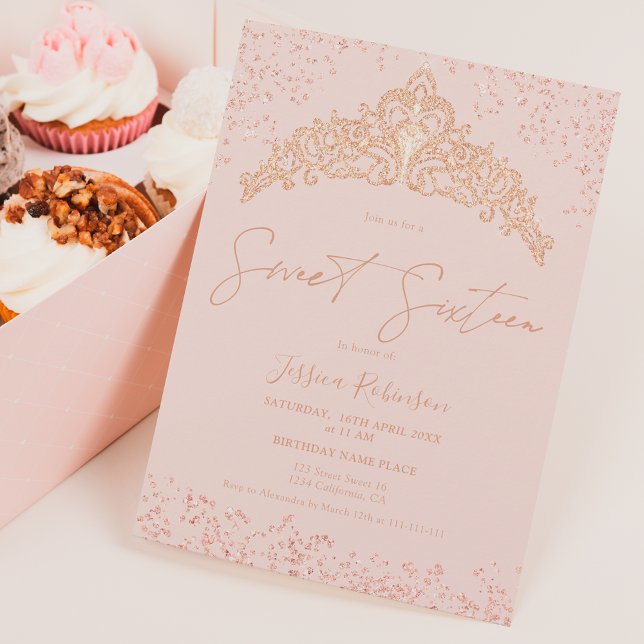 Princess Tiara Rose Gold Glitzer Foto Sweet 16 Einladung (Von Creator hochgeladen)