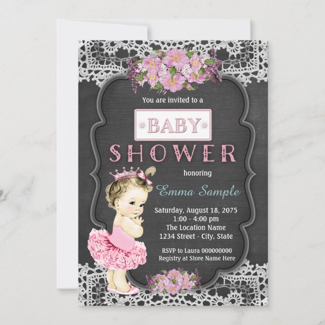 Princess Tutu Chalkboard Baby Girl Dusche Einladung (Vorderseite)