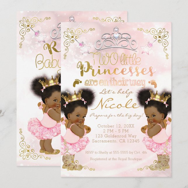 Princess Tutu Crown Ethnic Twin Girls Babydusche Einladung (Vorne/Hinten)