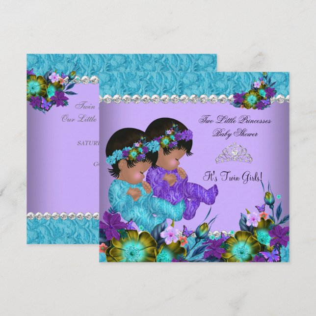 Princess Twin Baby Dusche Aquamarin Blue Lila Einladung (Vorne/Hinten)