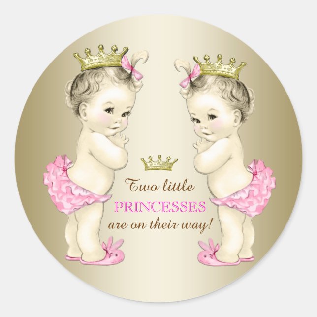 Princess Twin Girl Baby Dusche Runder Aufkleber (Vorderseite)