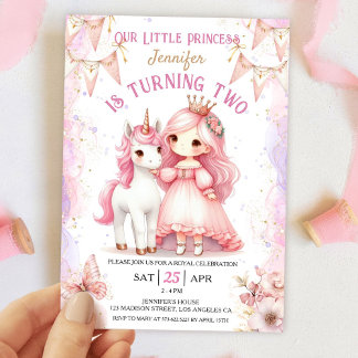 Princess Unicorn 2. Geburtstagsmädchen Pink Einladung