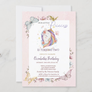 Princess Unicorn Butterflies Pink Birthday Einladung
