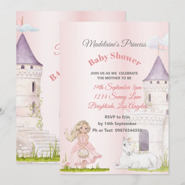 Princess Unicorn Pink Baby Girl Dusche Einladung (Vorne/Hinten)