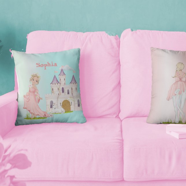 Princess Unicorn Pink Blue Castle Throw Kissen (Von Creator hochgeladen)