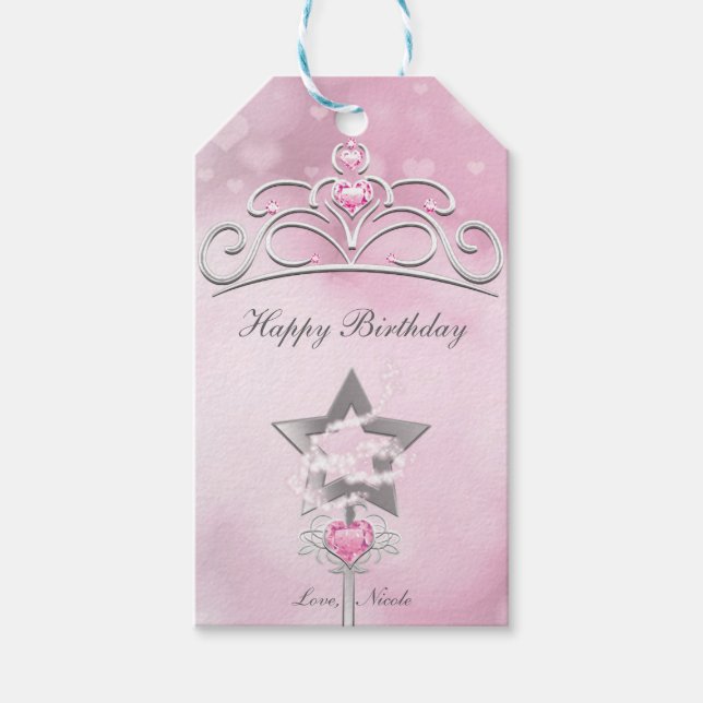 Princess Wand & Crown Silver Pink Party Geschenk-T Geschenkanhänger (Vorderseite)