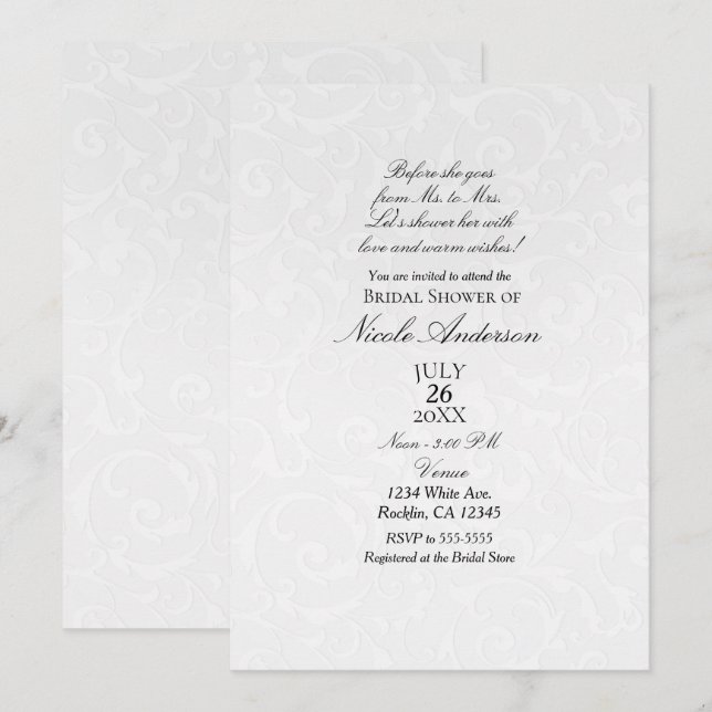 Princess White Damask Storybook Brautparty Einladung (Vorne/Hinten)