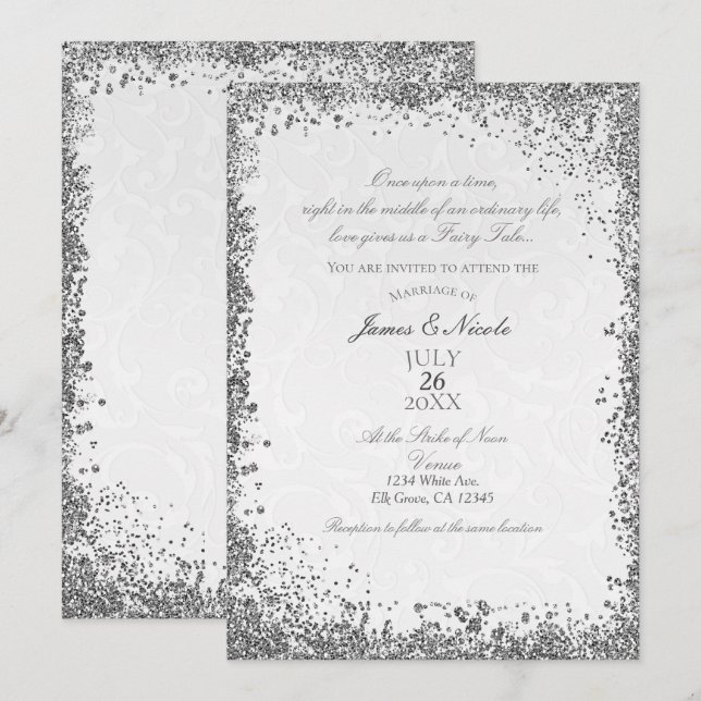 Princess White Damask Storybook Elegante Hochzeit Einladung (Vorne/Hinten)