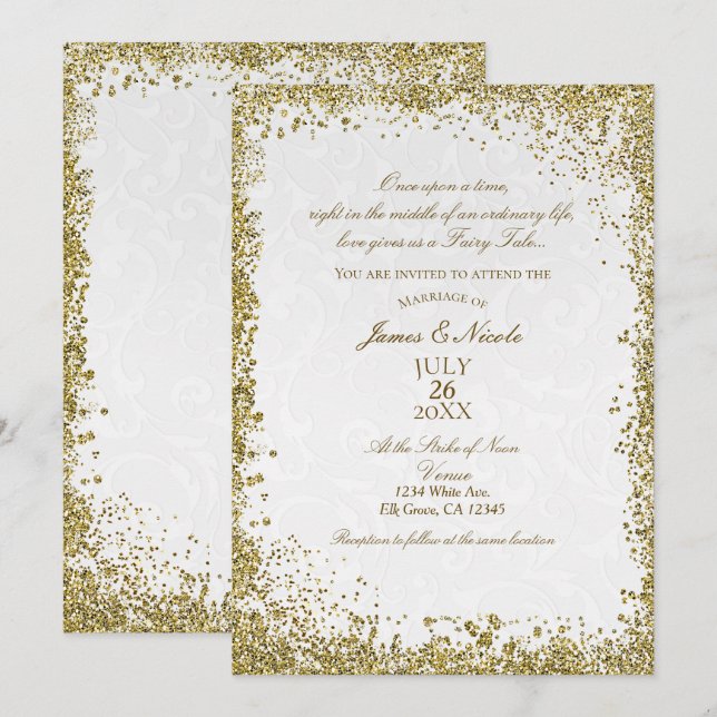 Princess White Damask Storybook Elegante Hochzeit Einladung (Vorne/Hinten)